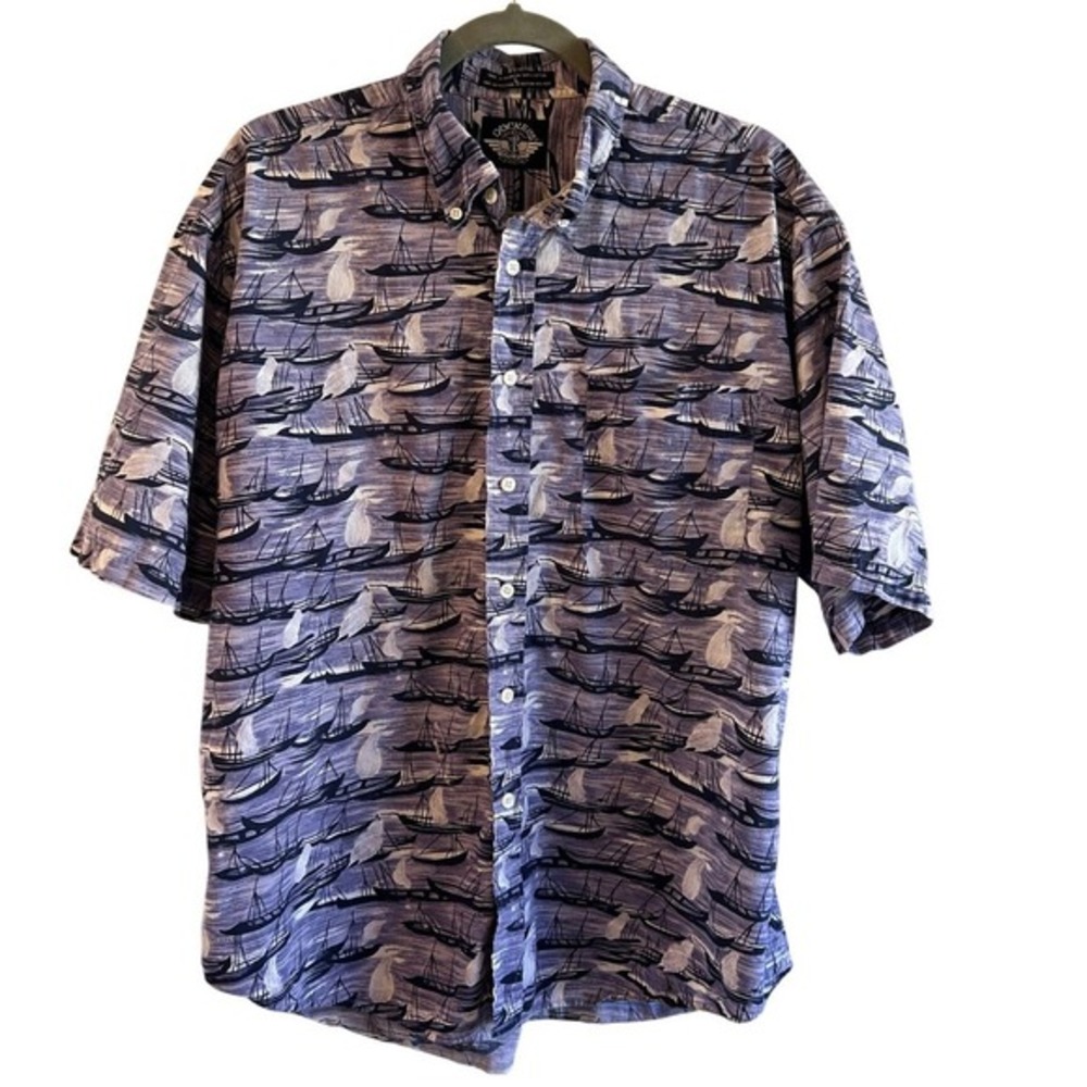 Dockers Mens L Button Down Shirt Short Sleeve  Boat Print Casual TopBeachy
